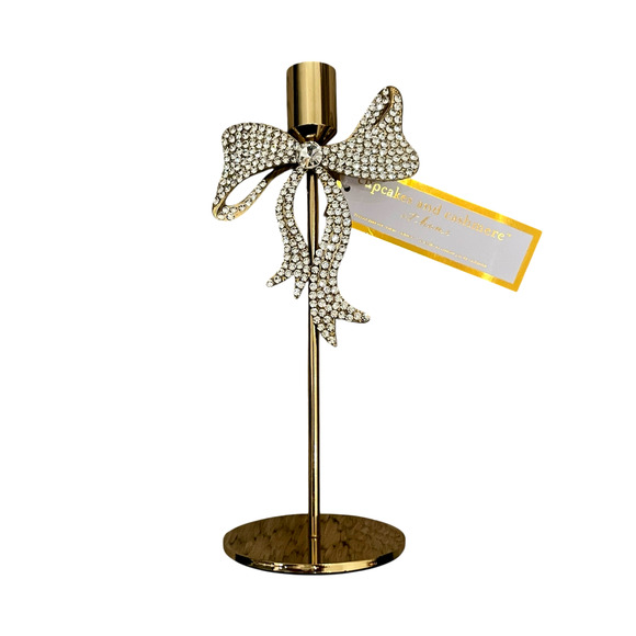 Cupcakes & Cashmere RHINESTONE GOLD BOW Taper Candle Holder 9in Holiday Glam New - Picture 1 of 9